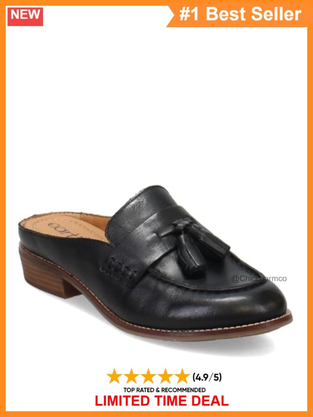 Leather Mule Loafers Slip-On Cushioned Insole Almond Toe Tassel